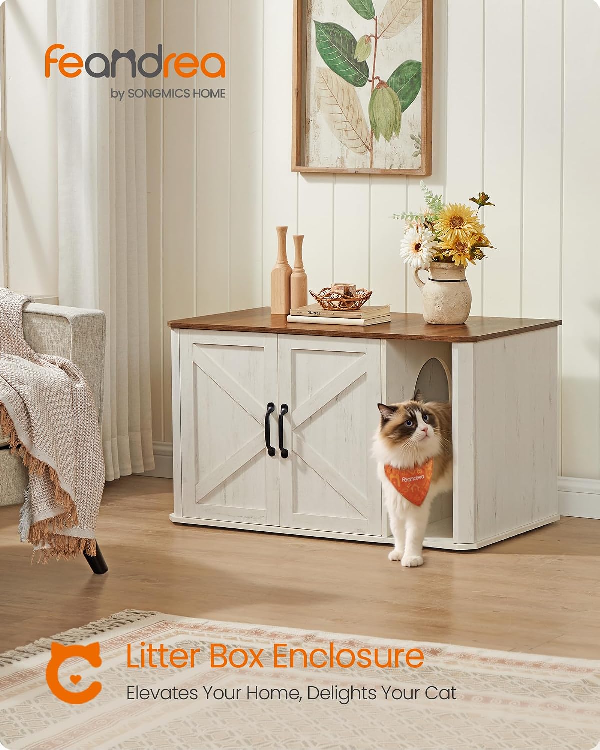 Detalle de Feandrea UPCL012K01 Litter Box Enclosure, Farmhouse Style, Double Doors