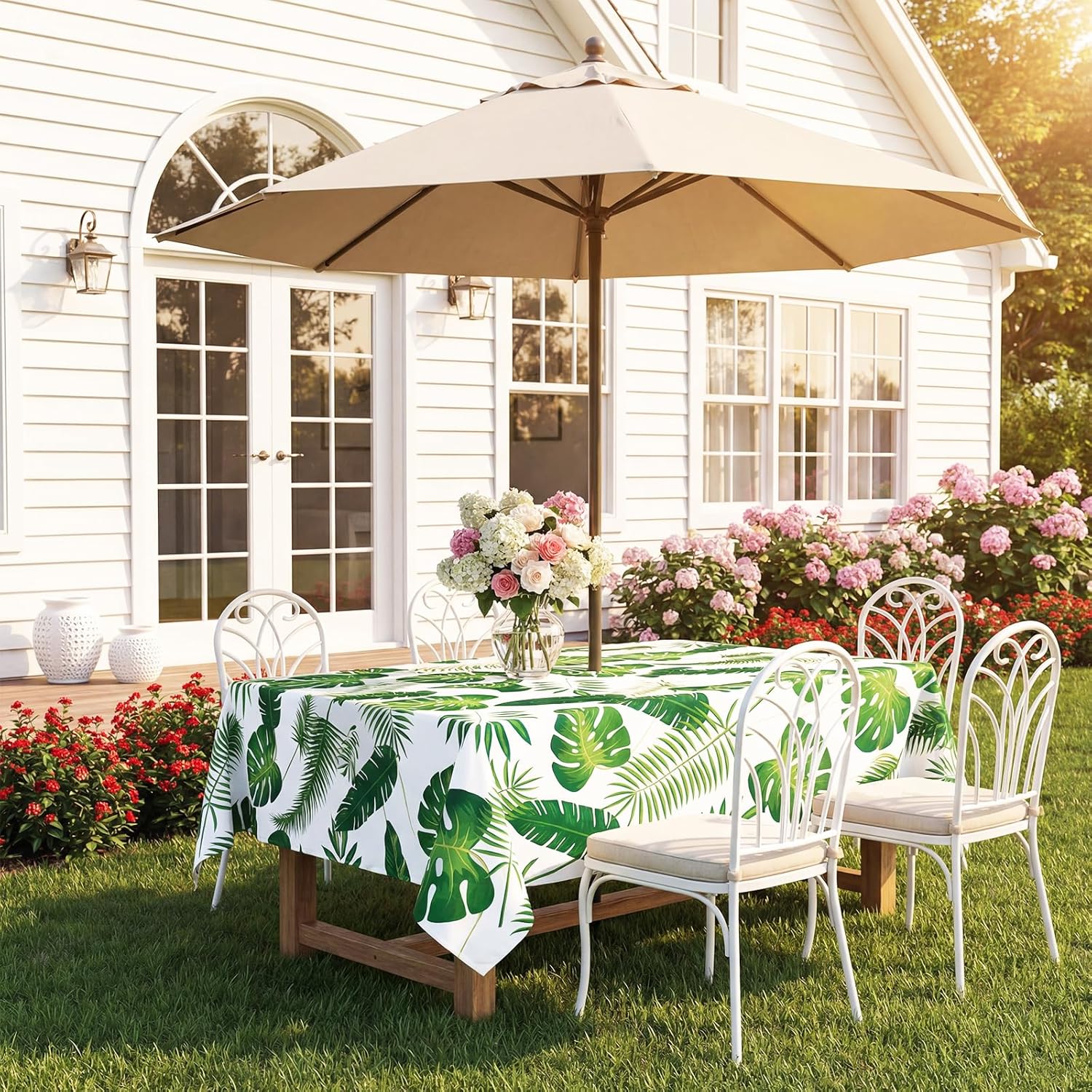 Detalle 2 de 3E Home Rectangle Water Resistant Outdoor Tablecloth with Parasol Hole (60x84 inches) – Palm leaf