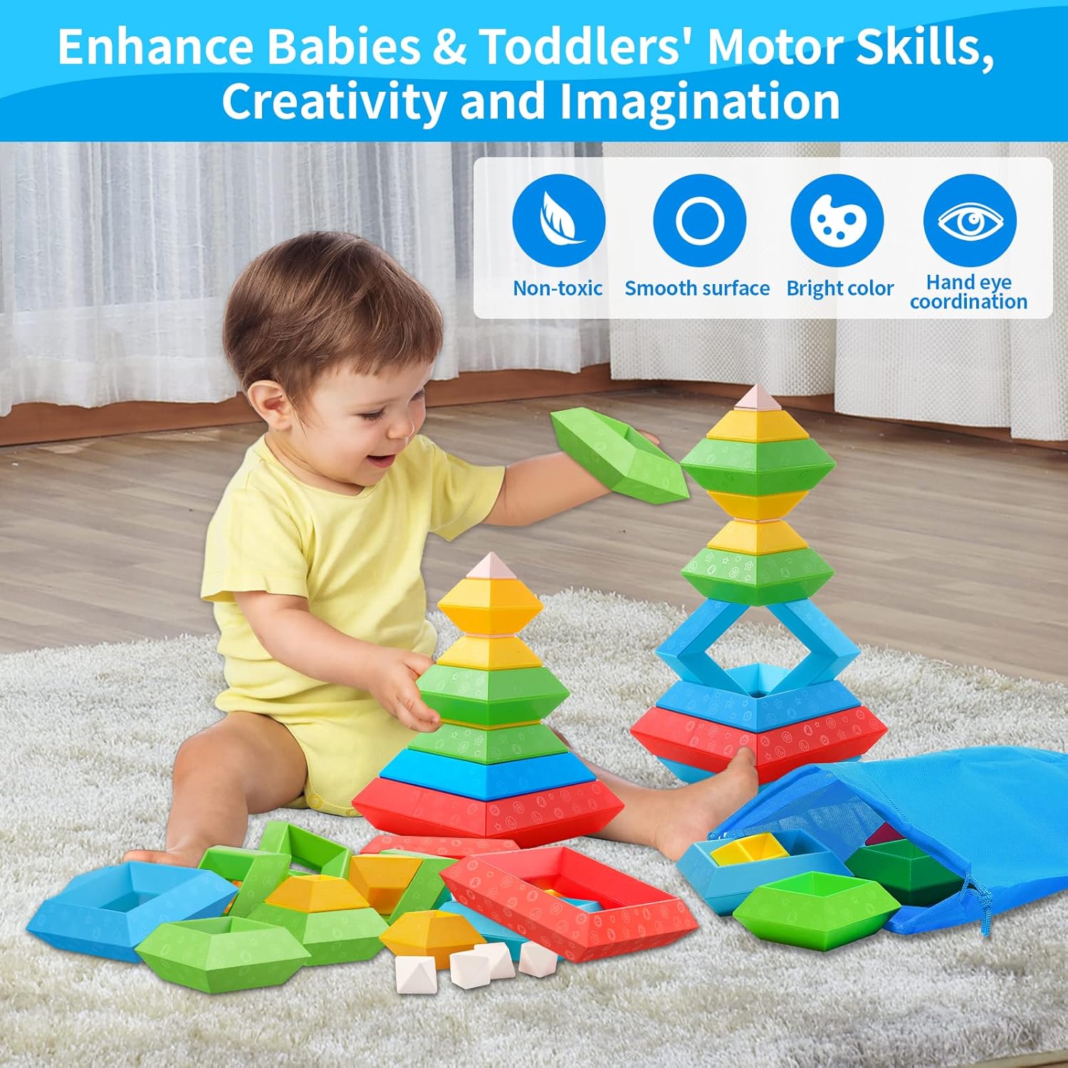 Detalle 2 de Hieoby Montessori 30-Piece Stacking Blocks for Toddlers (Ages 1-4) — Sensory STEM Learning
