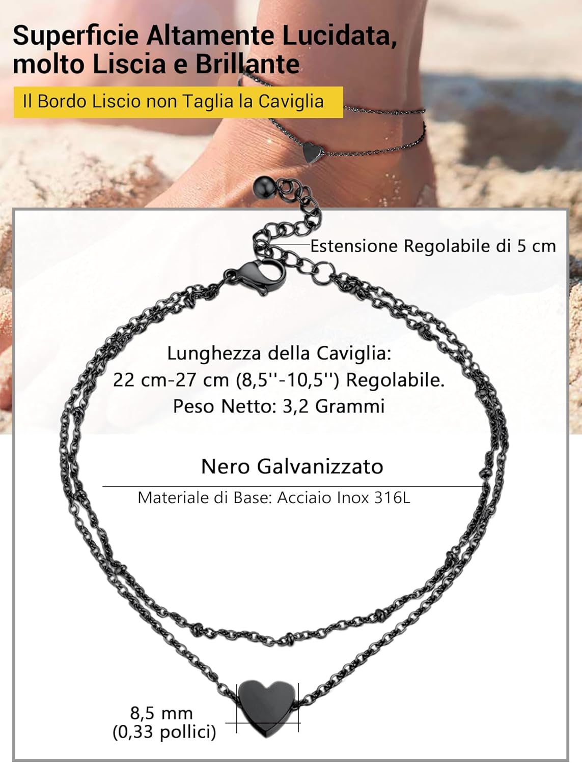 Thumbnail 4 de PROSTEEL Cavigliera a catena regolabile in acciaio (22+5 cm) – set impilabile, estetica tricolore per donna e uomo