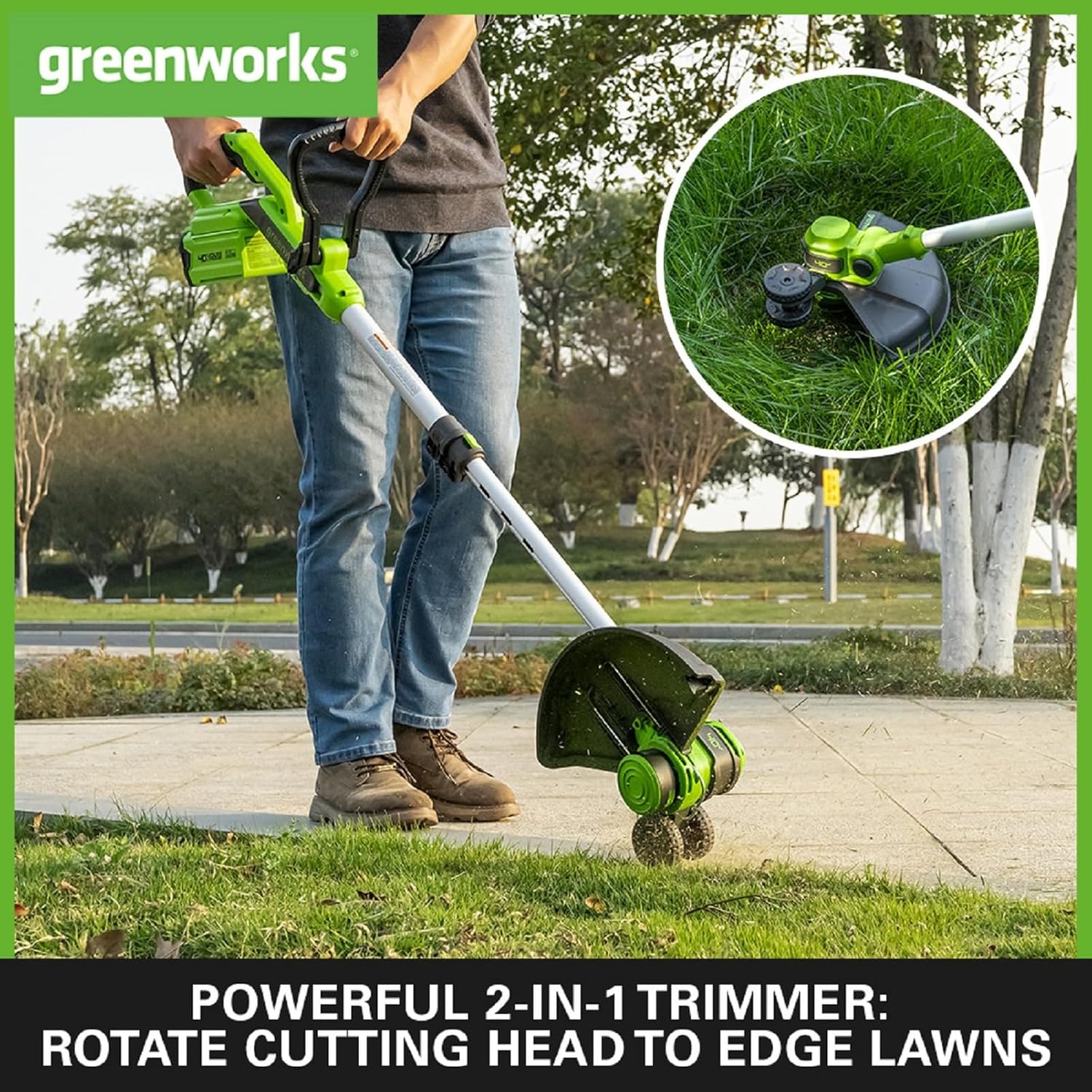 Detalle de Greenworks 40V Cordless Strimmer Lawn Edger (G40LT33) with Wheel, 33cm Cutting Width
