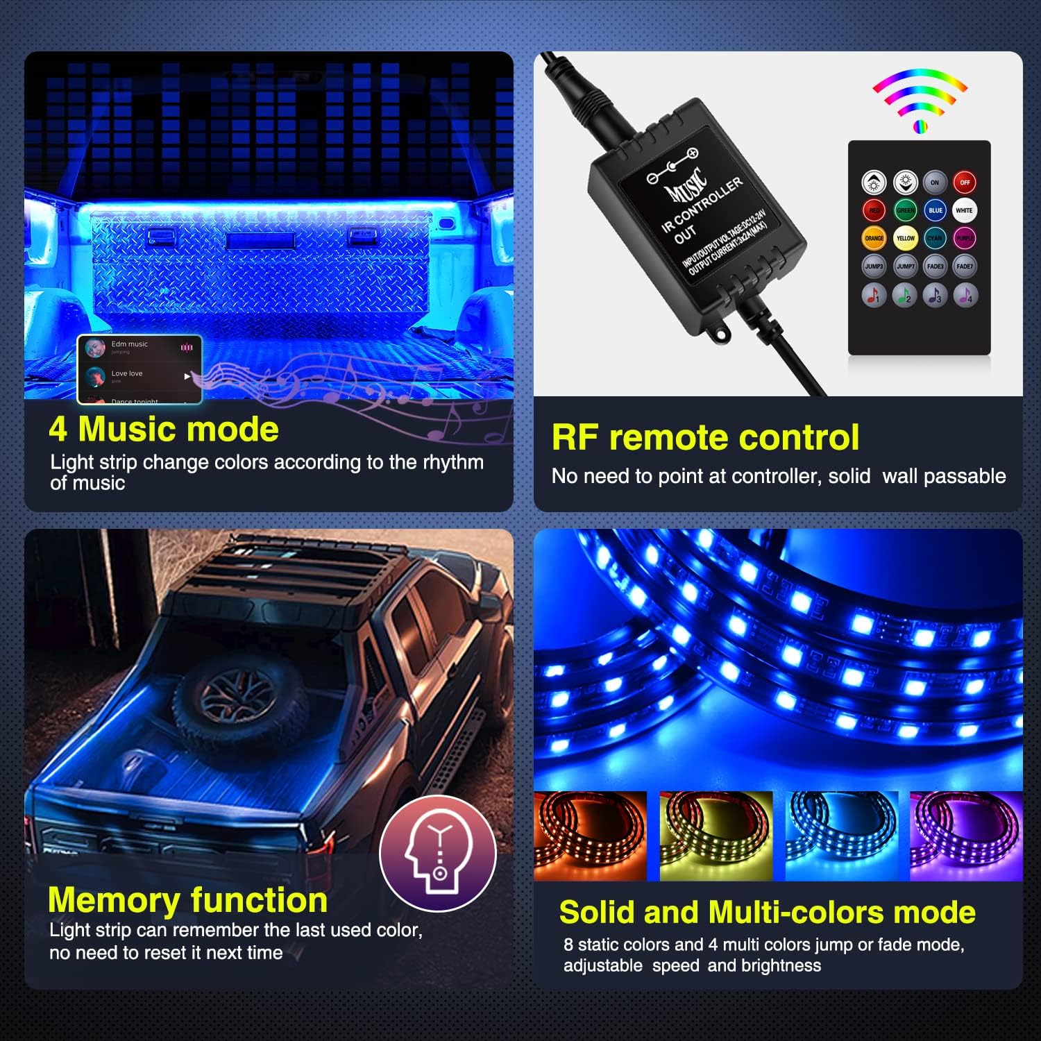 Detalle de Nilight 3PCS 60-Inch RGB Truck Bed Light Strip Kit (270 LED) with RF Remote