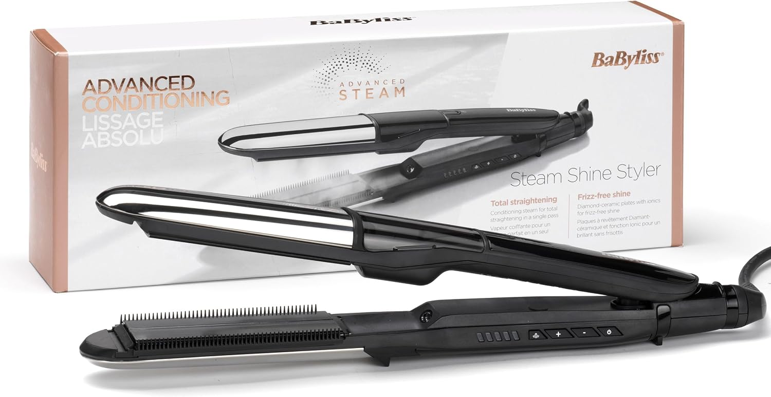 Detalle de BaByliss Steam Shine ST496EB: Dampfbügel-Dampfglätteisen mit XL Turmalin‑Keramikplatten