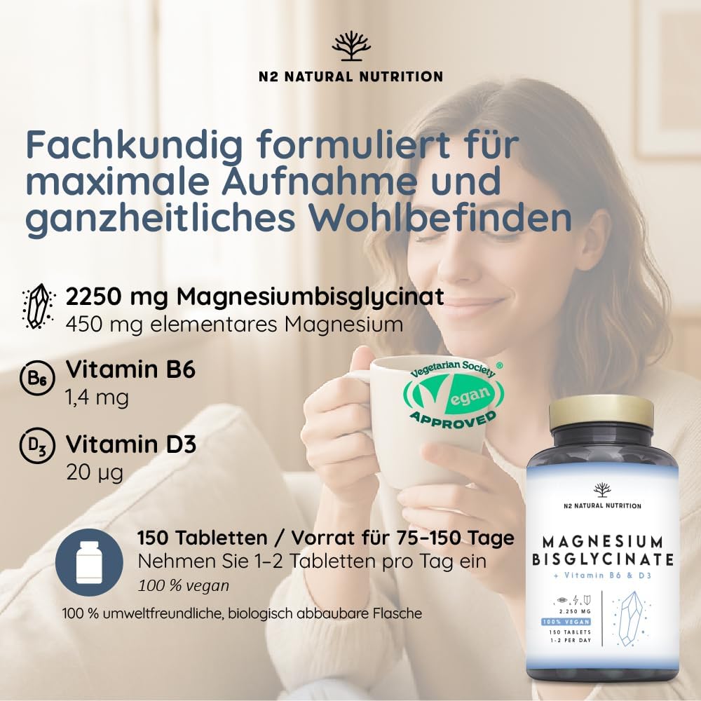 Detalle de N2 Natural Nutrition Magnesium Bisglycinat 2250mg – 450mg elementares Magnesium pro Tag mit Vitamin B6 und D3, 150 Tabletten