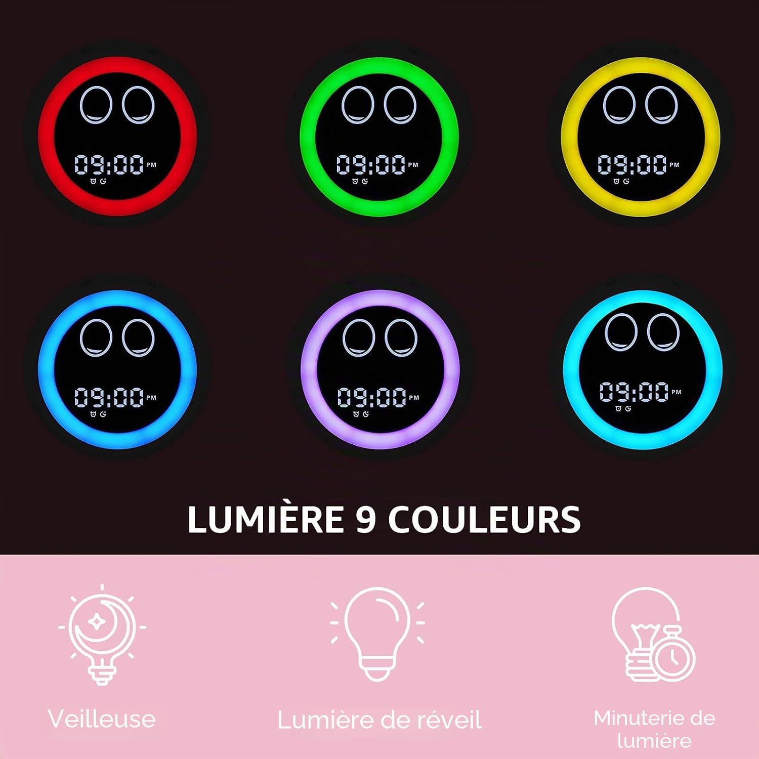 Detalle de H-chin Réveil pour Enfants — Entraîneur de Sommeil avec Veilleuse et Machine Sonore (Rose)