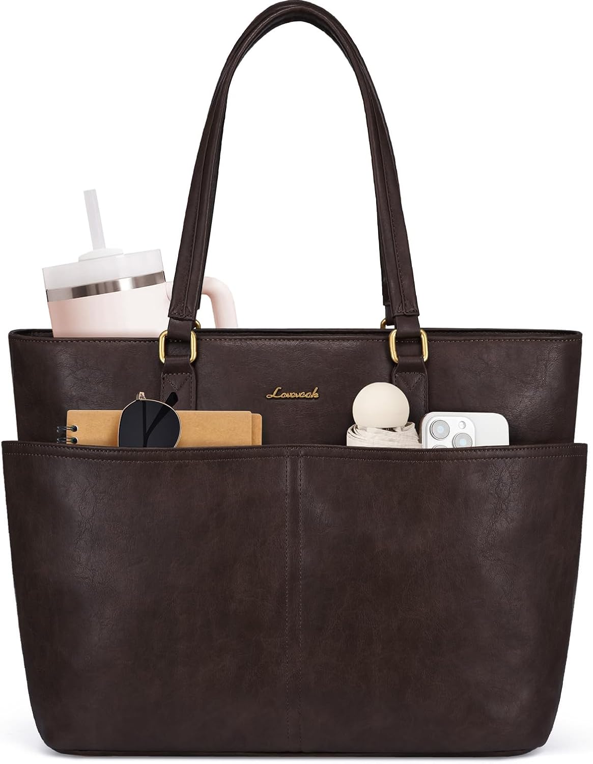Thumbnail 6 de LOVEVOOK 15.6-Inch Laptop Bag for Women — Vintage Vegan Leather Work Tote with Cup Holder