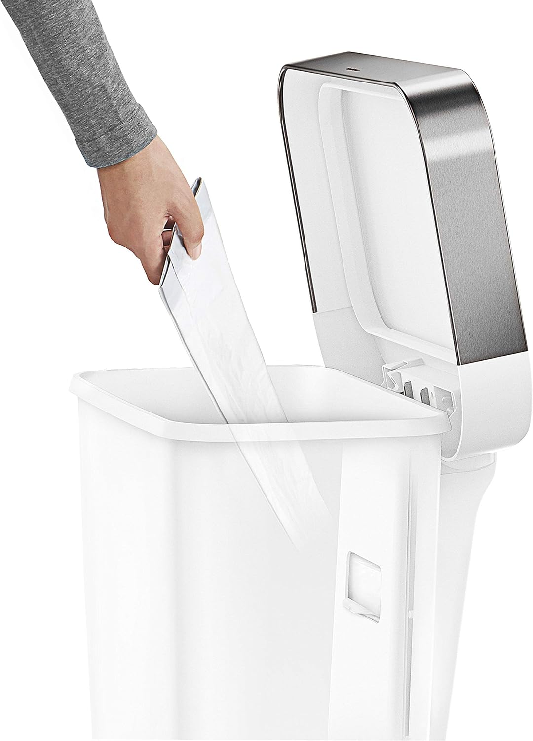 Detalle de simplehuman CW1387CB – biały prostokątny kosz pedałowy 45 l z kieszenią na wkłady