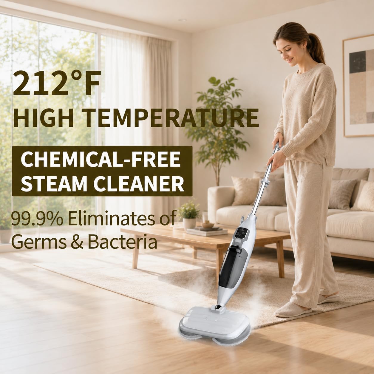 Detalle de PUREBEAR Scrub & Steam Mop, 300°F Steam, 3 Settings, 4 Reusable Pads