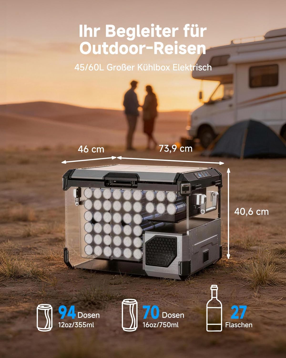 Detalle de AAOBOSI 60L Kompressor Kühlbox Dual Zone – leistungsstarke mobile Kühlung mit Edelstahlgehäuse
