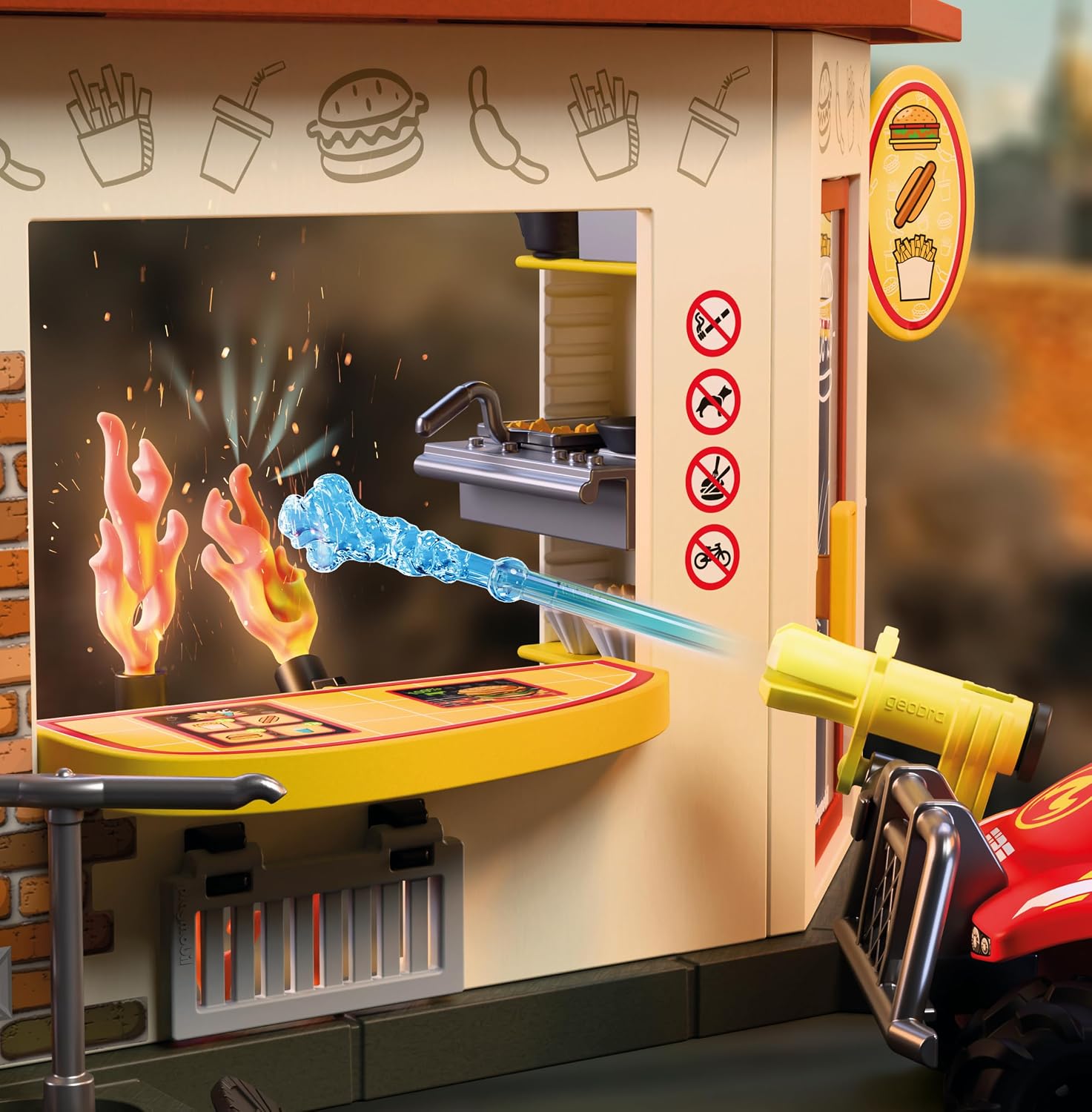 Detalle de PLAYMOBIL City Action 72195 brandweerquad met hamburgerstand en waterlans