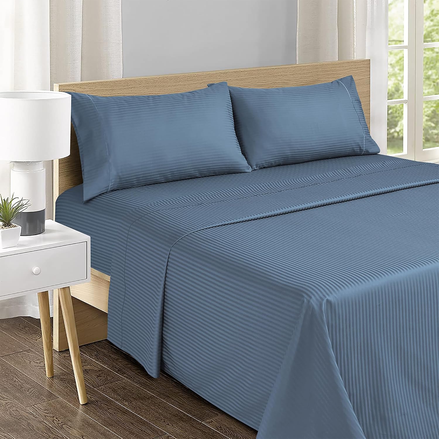 Detalle de Feather & Stitch 500 TC Queen Cotton Sateen Sheet Set, Blue Stripe