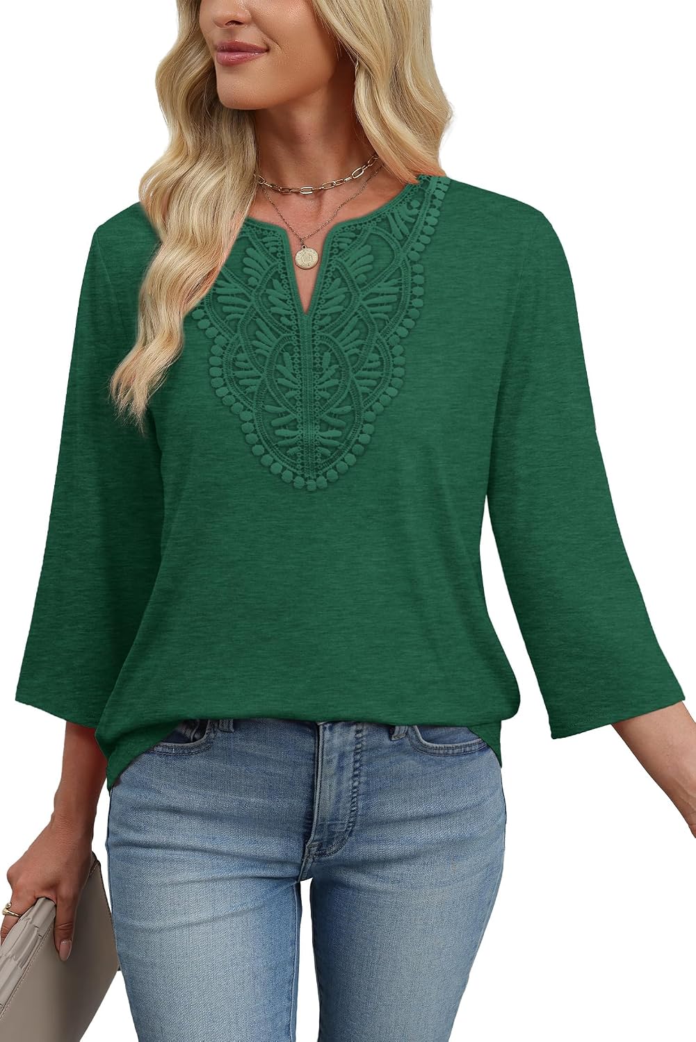 Detalle 2 de WIHOLL 3/4-Sleeve Boho Blouse with V-Neck Lace Front, S-3XL