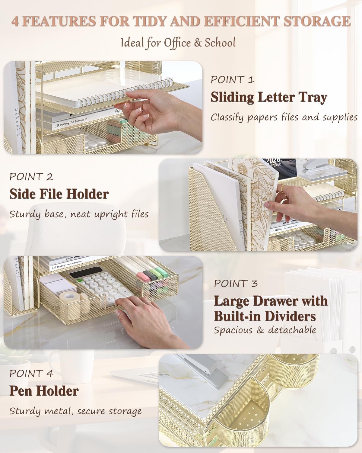 Detalle 2 de WALI DO005DH-G Desktop File Organizer, 4-Tier Metal Letter Trays, Gold