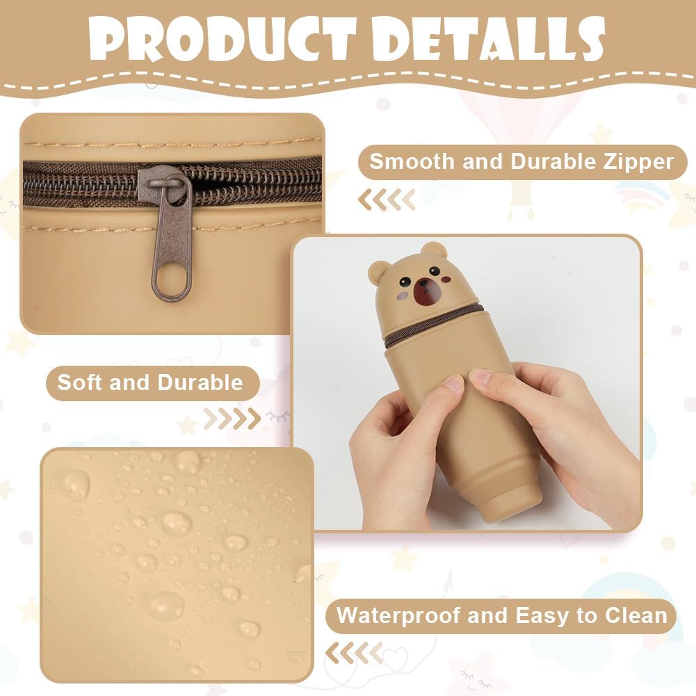 Detalle de Vicloon Brown Bear Silicone Pencil Case, Retractable 2-in-1 Pen Holder