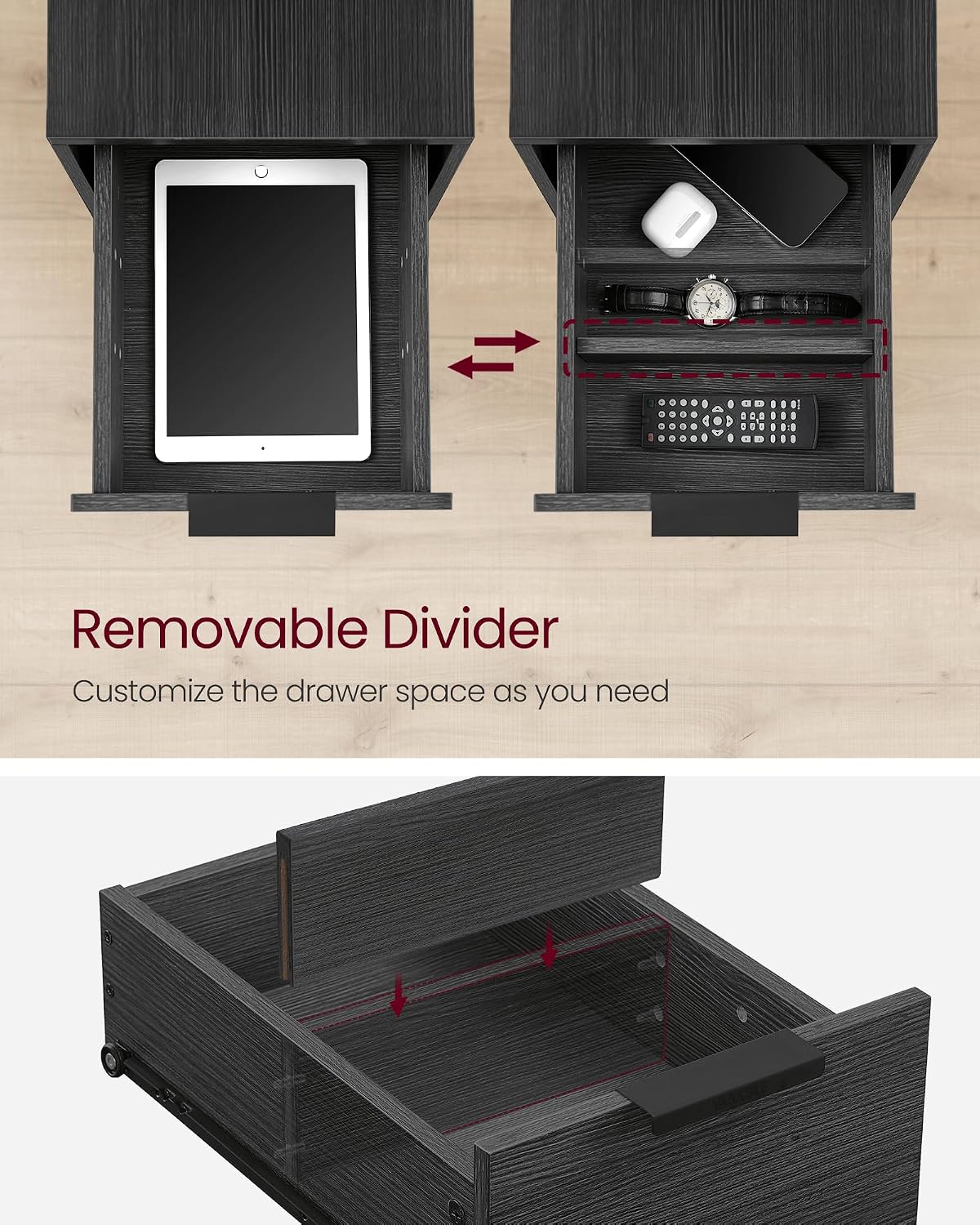 Detalle de VASAGLE ULET321B22V1S Side Table with Charging Station and 2 Drawers