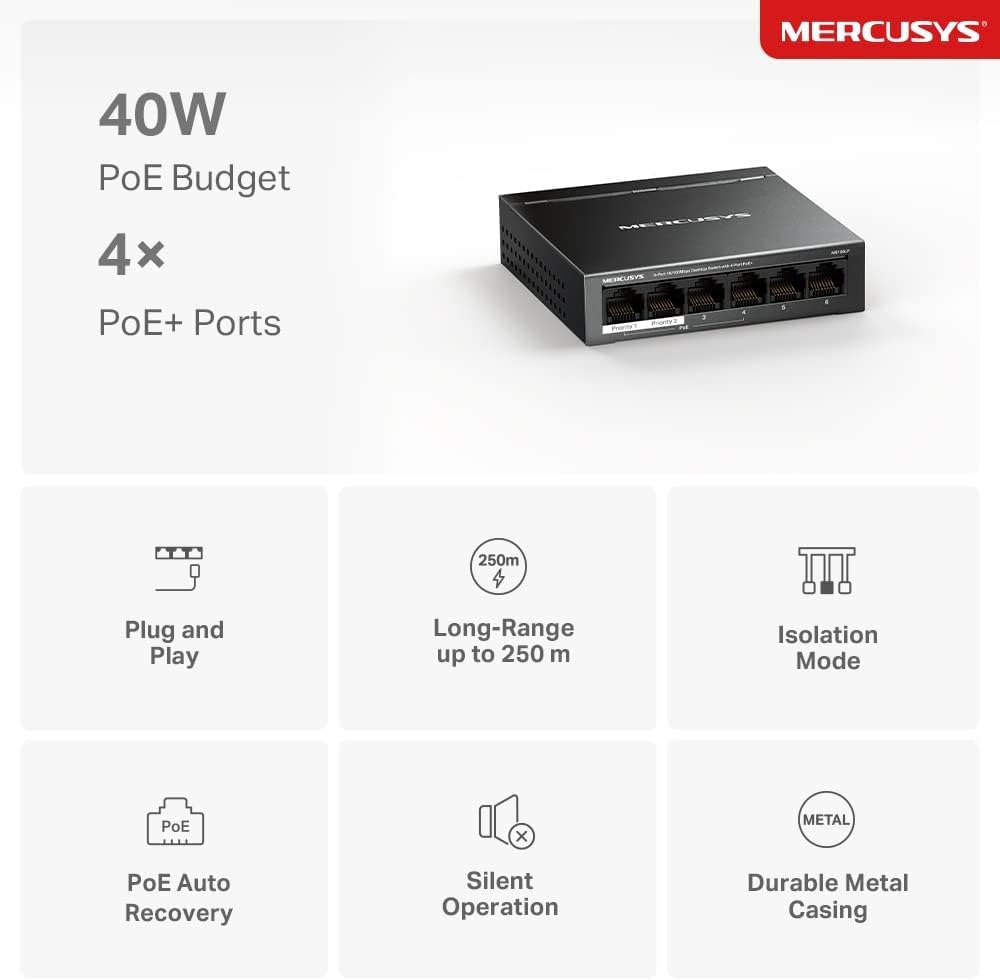 Detalle de MERCUSYS MS106LP 6-Port PoE+ Network Switch (4 PoE+ Ports) – 10/100 Mbps, Metal Case, Plug and Play