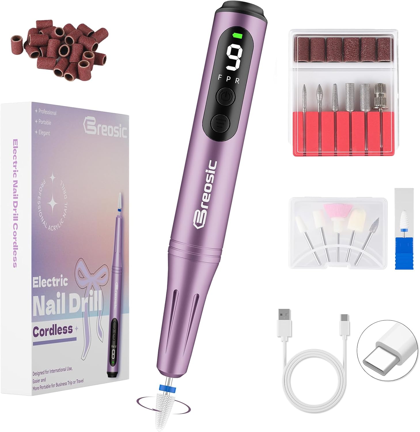 Detalle de Breosic Cordless Nail Drill Kit, Purple, 35,000 RPM, 9 Speeds, LED Display