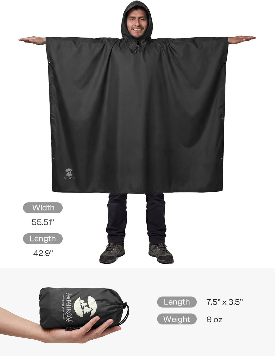 Thumbnail 2 de SaphiRose Hooded Rain Poncho: Lightweight Waterproof Protection for All-Day Outdoor Comfort