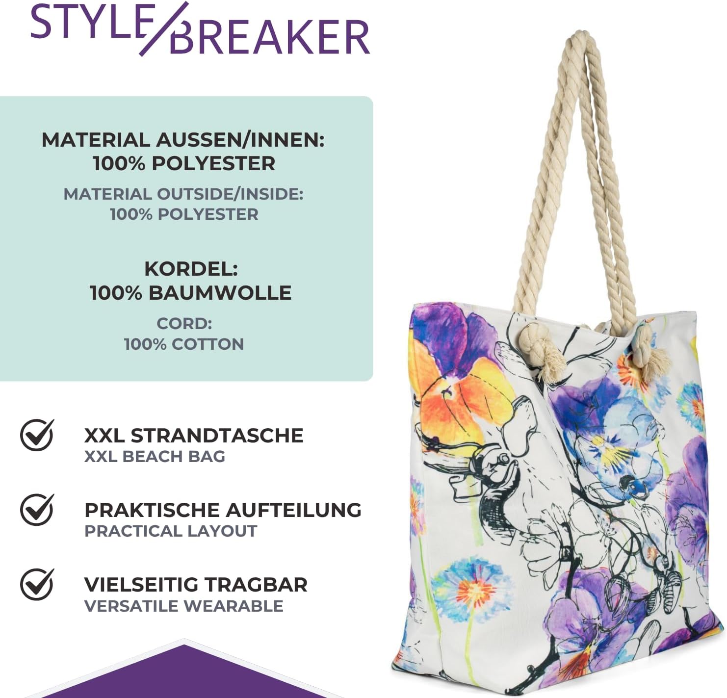Detalle 2 de styleBREAKER Borsa da spiaggia Ladies XXL con stampa floreale viola – ampia, pratica e versatile