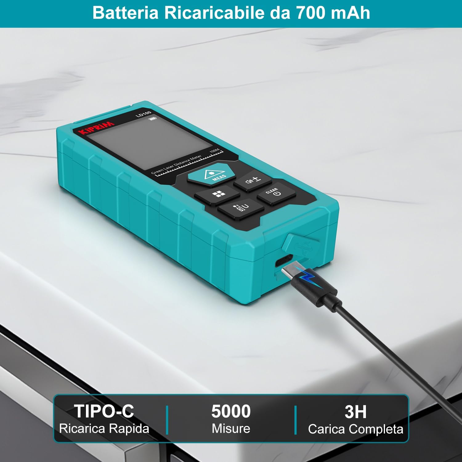 Detalle de Kiprim LD100 Metro Laser Professionale verde fino a 100 m, ±2 mm, Classe II, USB-C ricaricabile
