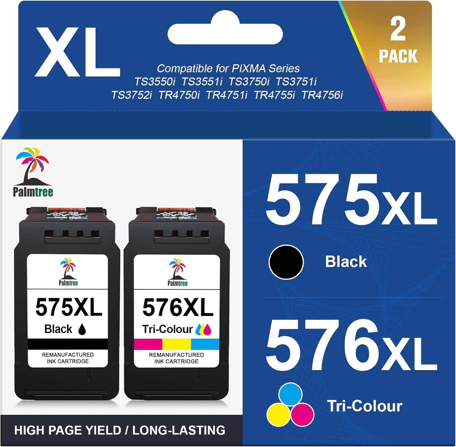 Palmtree PG-575XL CL-576XL Druckerpatronen – kompatibel für Canon PIXMA TS3550/TS3750/TR4750 (1 Schwarz, 1 Farbe)