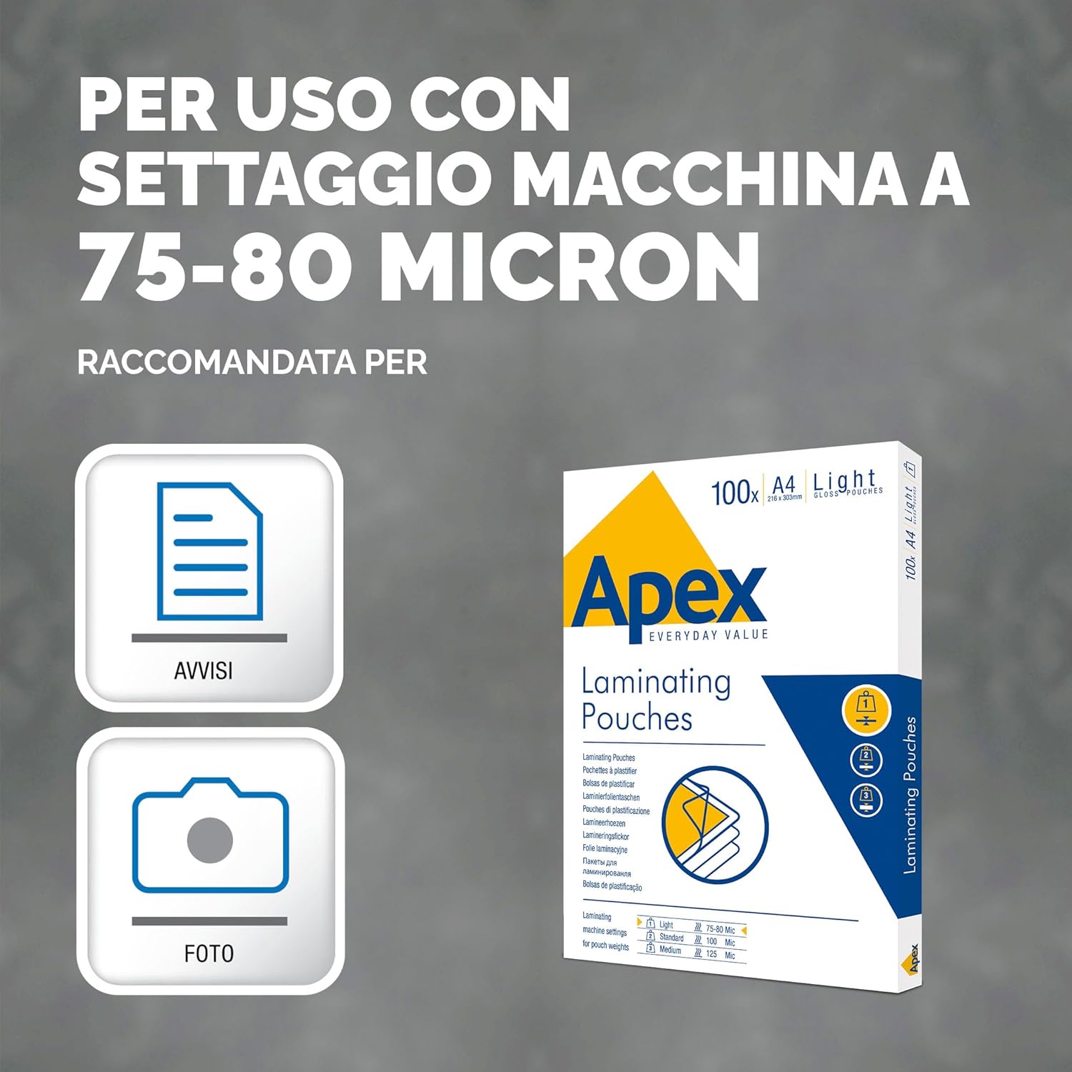 Detalle de Fellowes 6003201 Pouches plastificazione Apex Light Duty A4, 80 µm, lucide, confezione 100