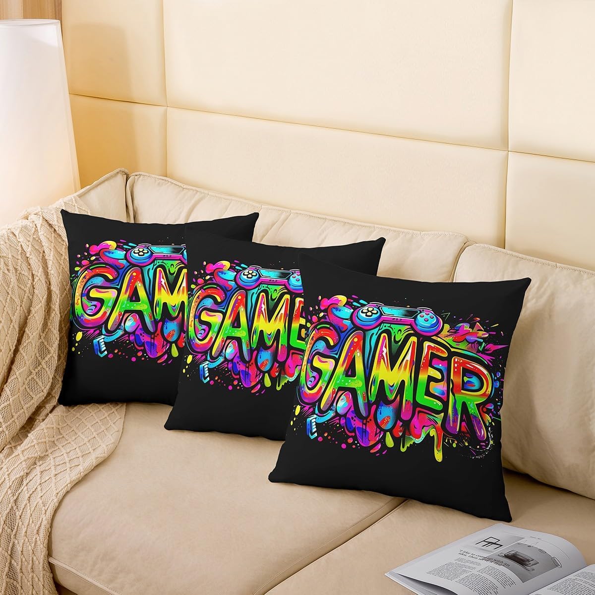 Thumbnail 3 de Loussiesd Kinder Gamer Kissenbezüge 40x40 cm – 2er Set, bunte Graffiti Designs
