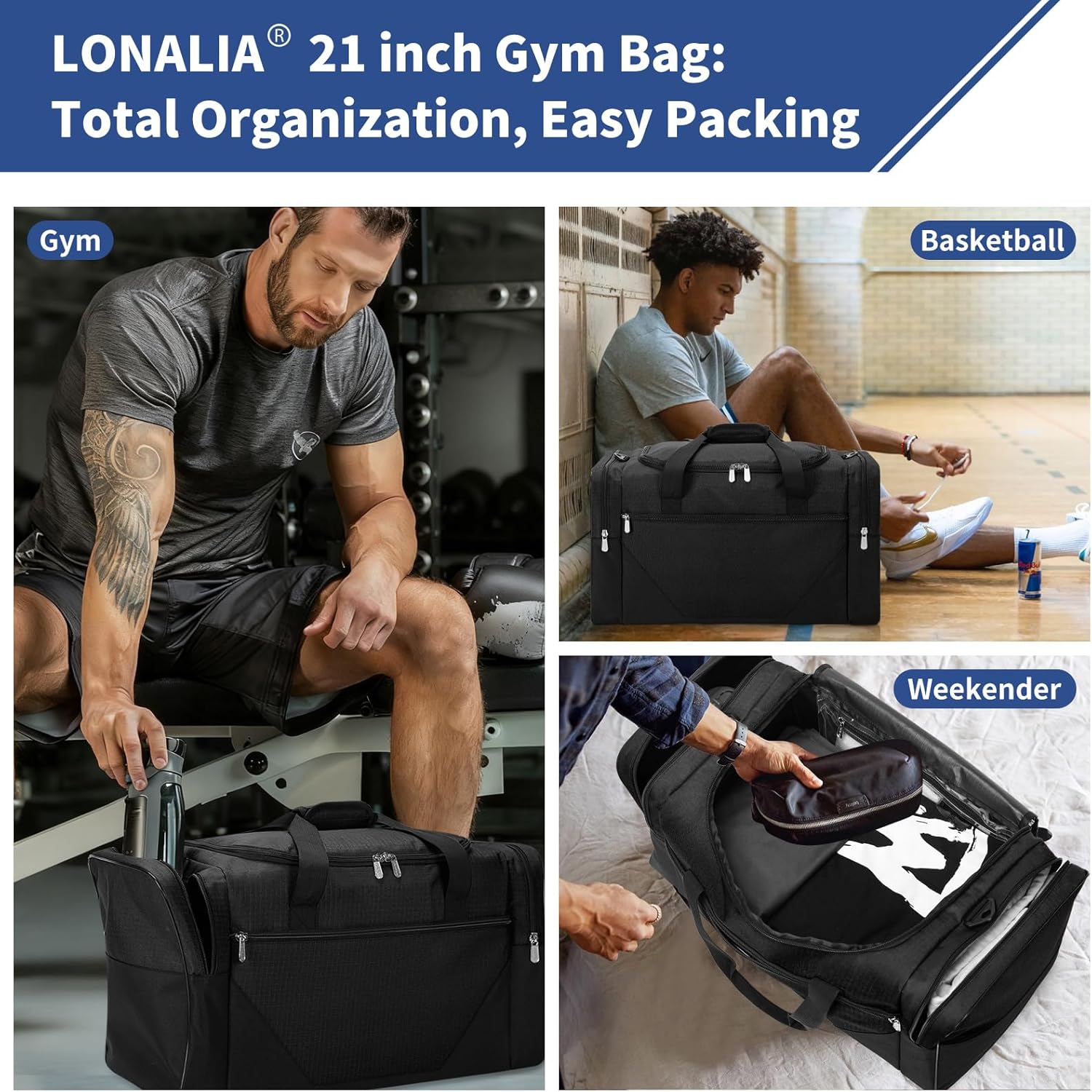 Thumbnail 5 de LONALIA Sac de Sport 45L avec Poche Humide et Compartiment à Chaussures – Noir