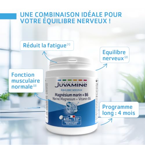 Detalle de JUVAMINE Magnésium Marin + Vitamines B6 – Anti-Stress et Fatigue, 4 mois