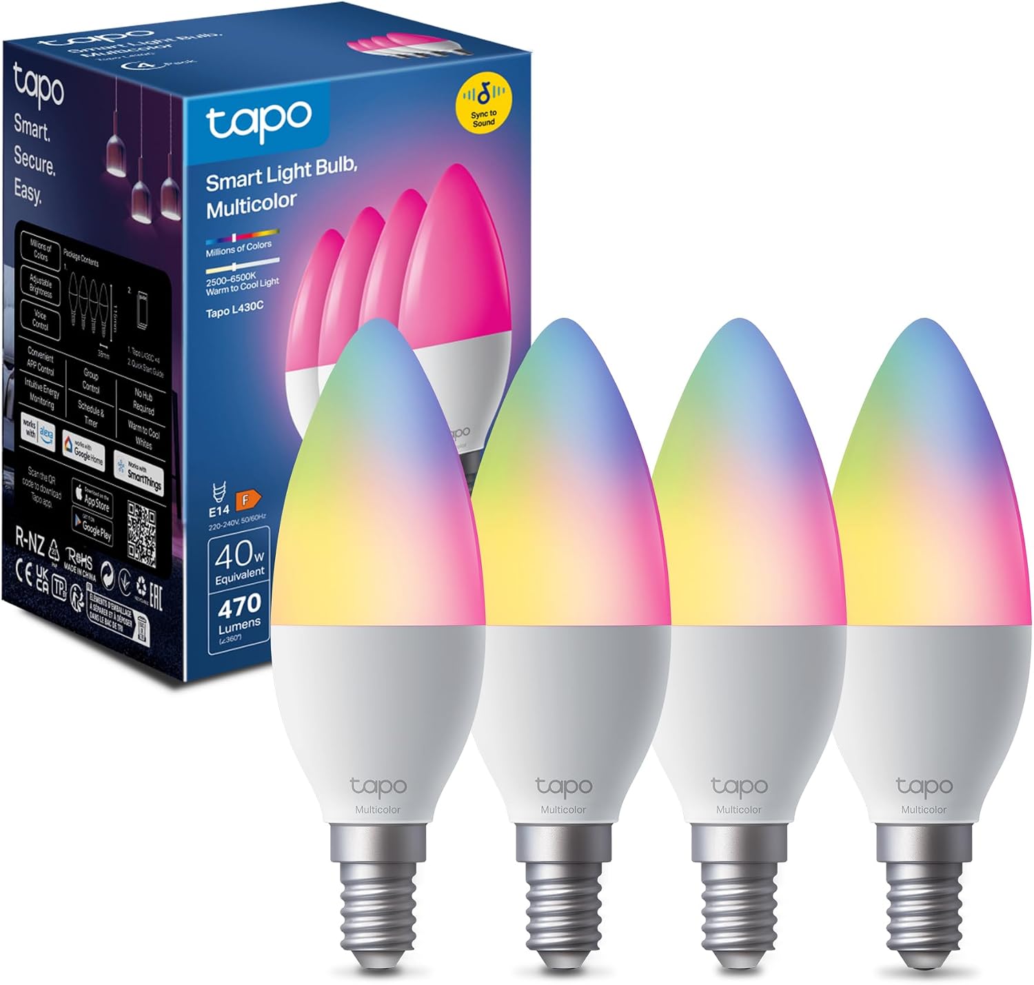 Detalle de Tapo L430C lampadina smart E14 multicolore (Alexa/Google) con Sync-to-Music e timer, 4 pezzi