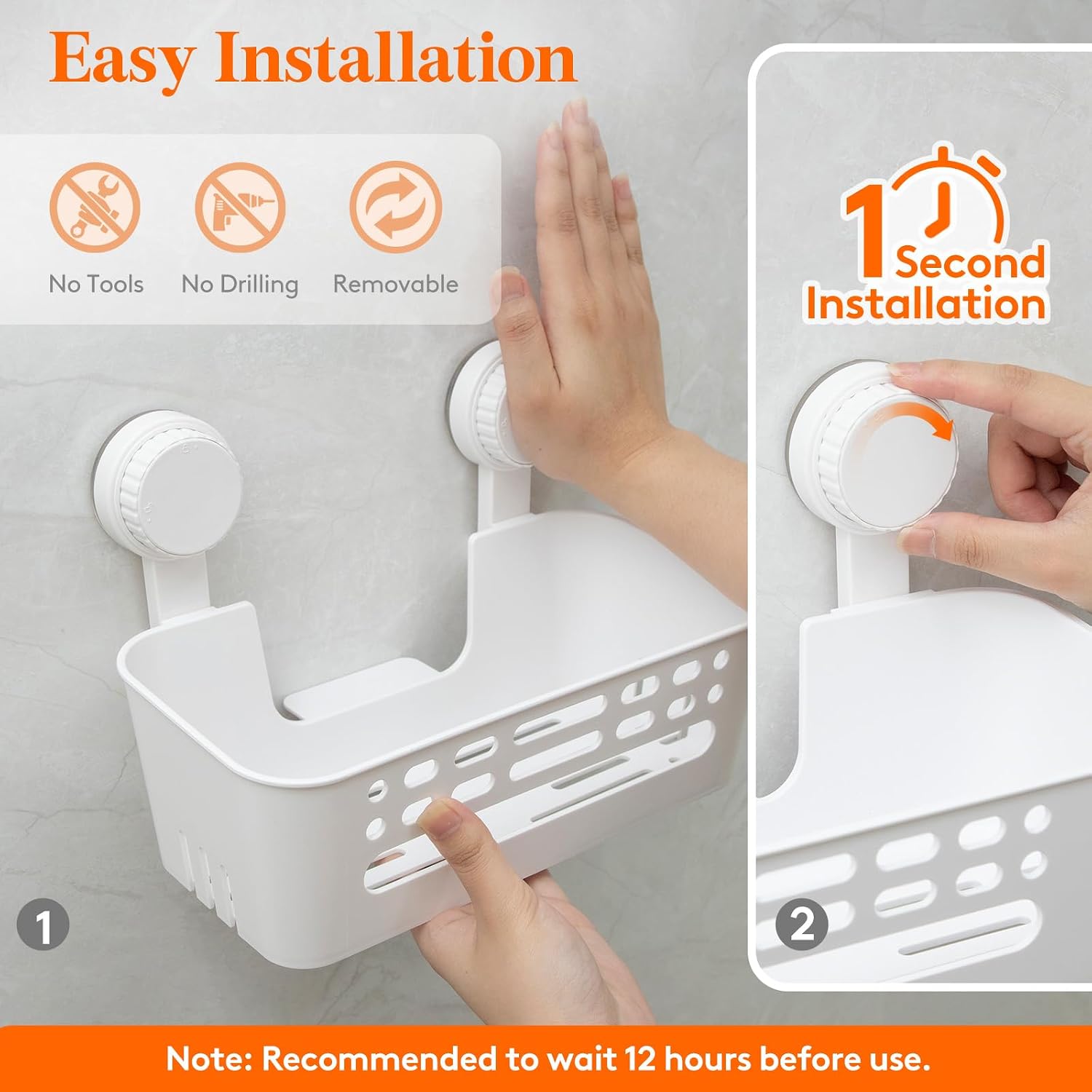 Thumbnail 2 de Lifewit 24407 Suction Cup Shower Caddy, 26 cm, No-Drill White Shelf