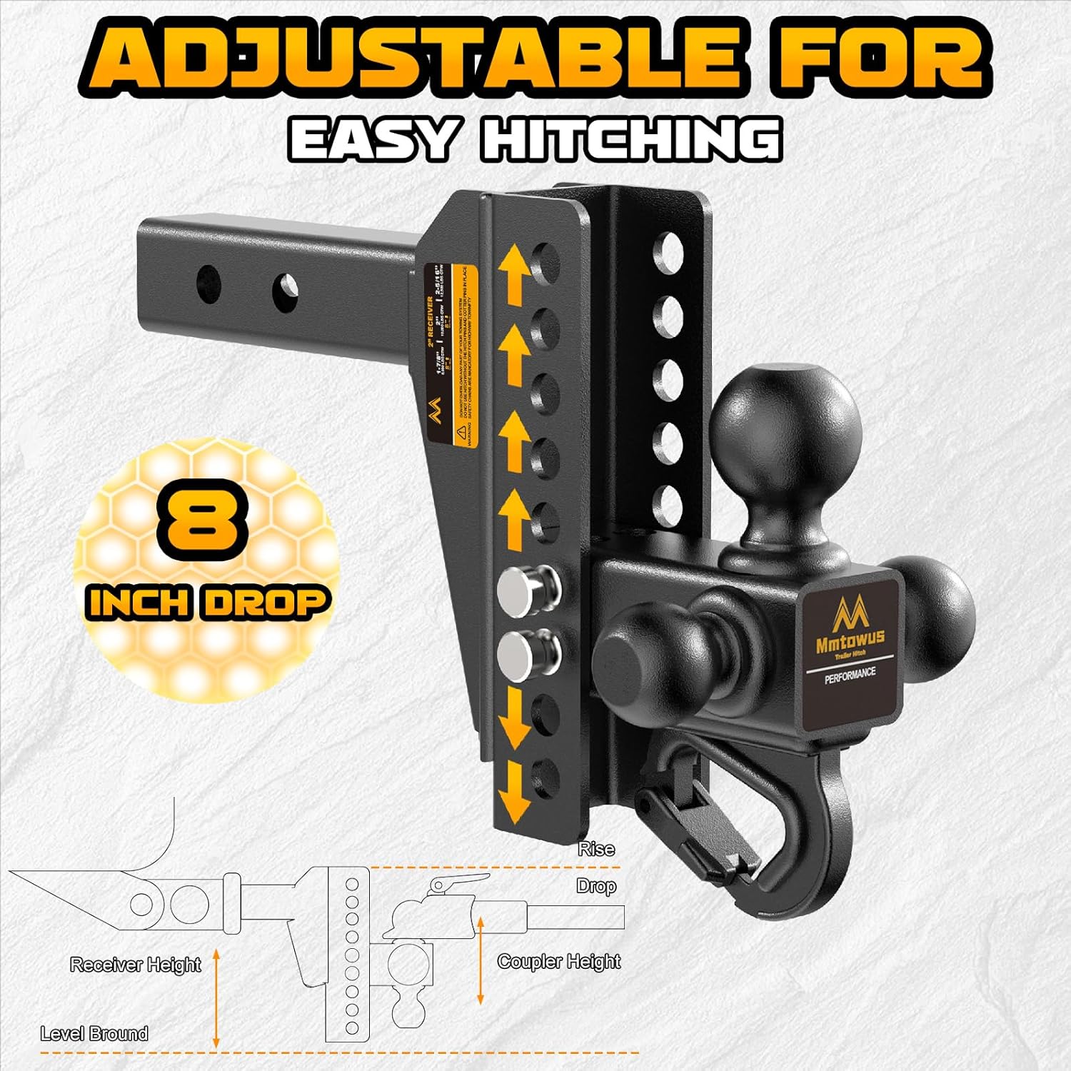 Detalle de Mmtowus Adjustable Trailer Hitch - Tri Ball Mount with Hook (1-7/8", 2", 2-5/16") for 2-Inch Receivers