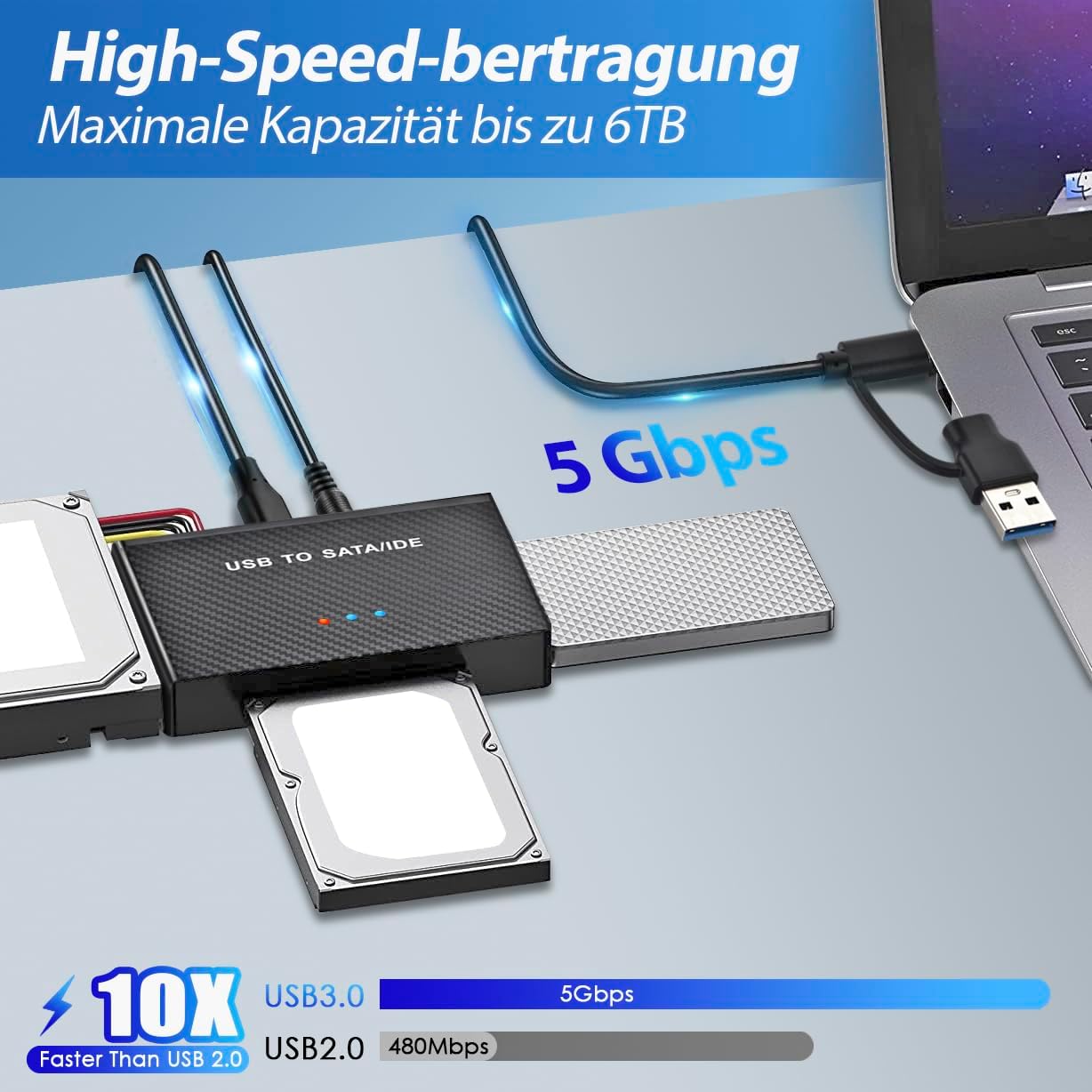 Detalle de Amtake USB 3.0 zu IDE/SATA Festplatten-Adapter (2,5"/3,5") mit Netzteil 12V 2A
