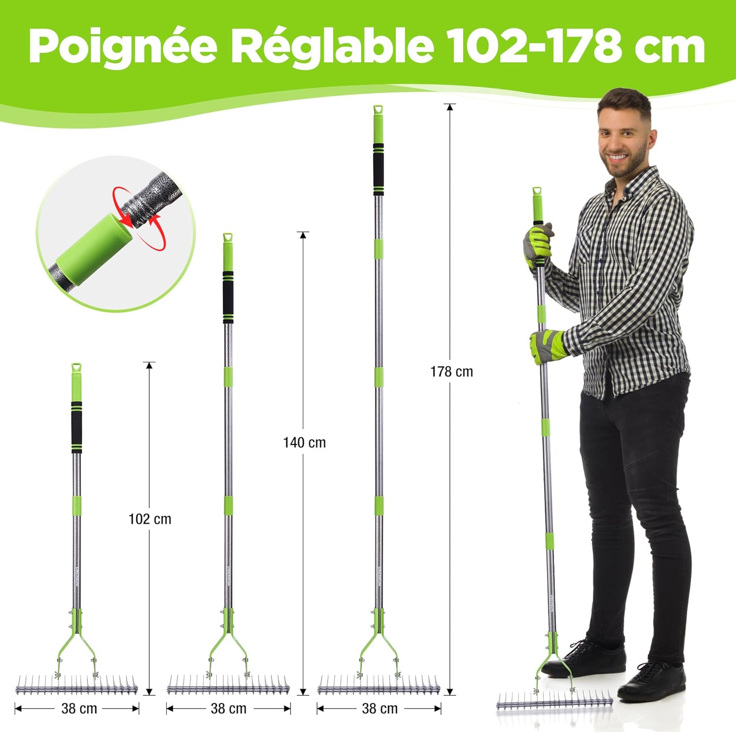 Detalle de WORKPRO Râteau à chaume 38 cm avec manche télescopique (jusqu’à 1,78 m) et tête réglable