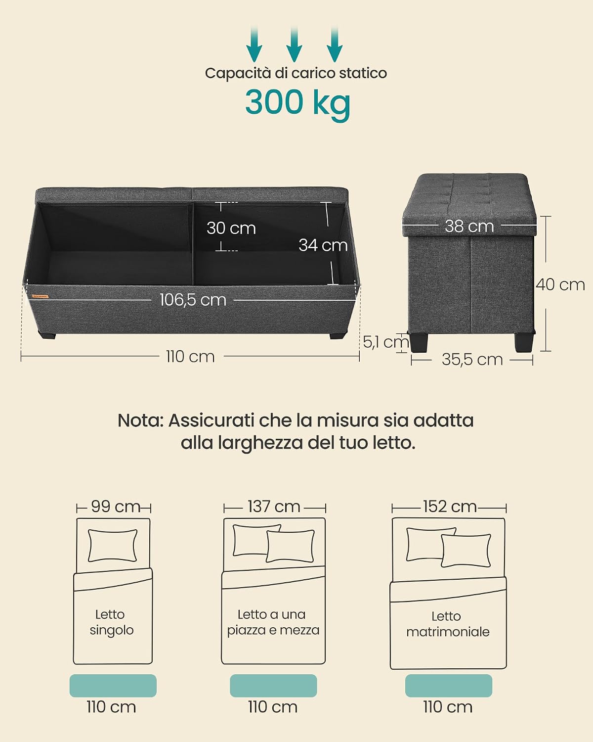 Thumbnail 1 de SONGMICS Cassapanca con Gambe LSF079GN01 – Pouf Contenitore in Tessuto effetto lino, 110 cm, Grigio Ardesia