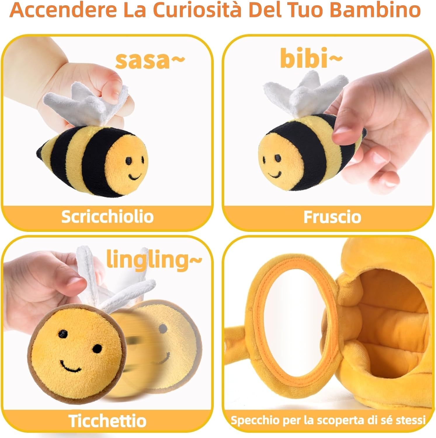 Detalle de VORENUS Giochi Neonato 6-12 mesi: alveare sensoriale morbido con 5 api (sonagli, crinkle e specchietto)