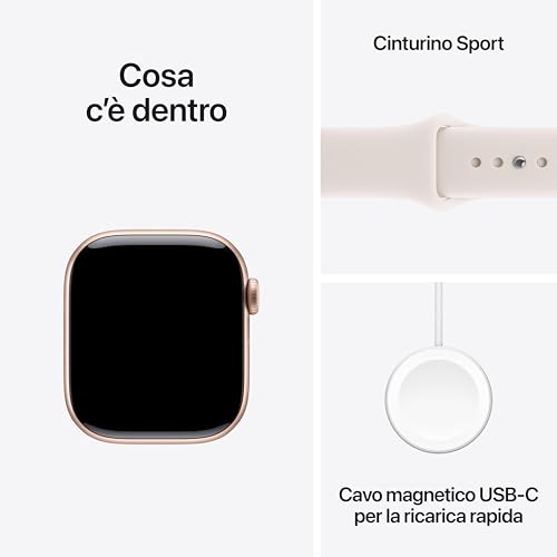 Detalle de Apple Watch Series 11 GPS, cassa 42 mm in alluminio dorato rosa con cinturino Sport rosa fard - taglia S/M