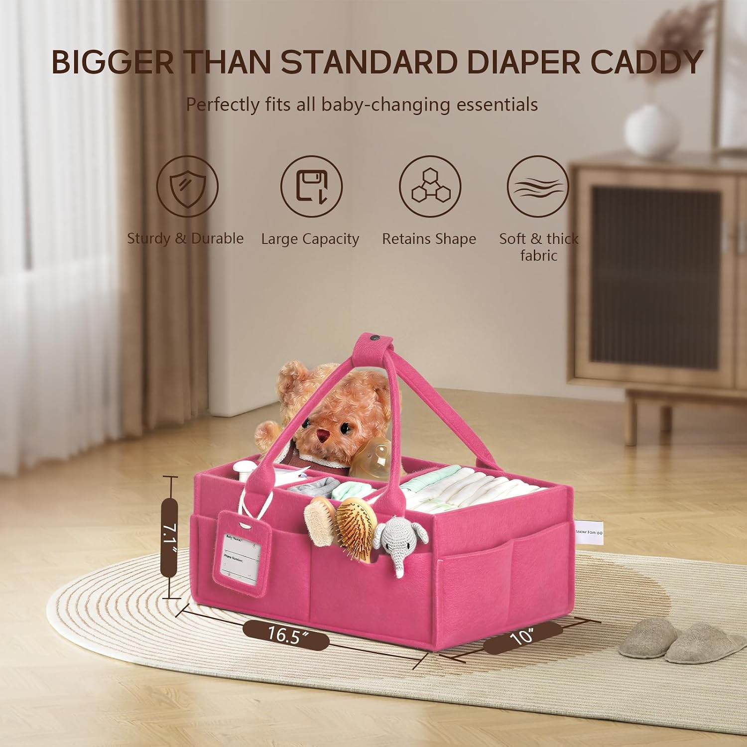 Detalle de GEMII diaper caddy organizer, Large Pink Felt Baby Caddy with Handle