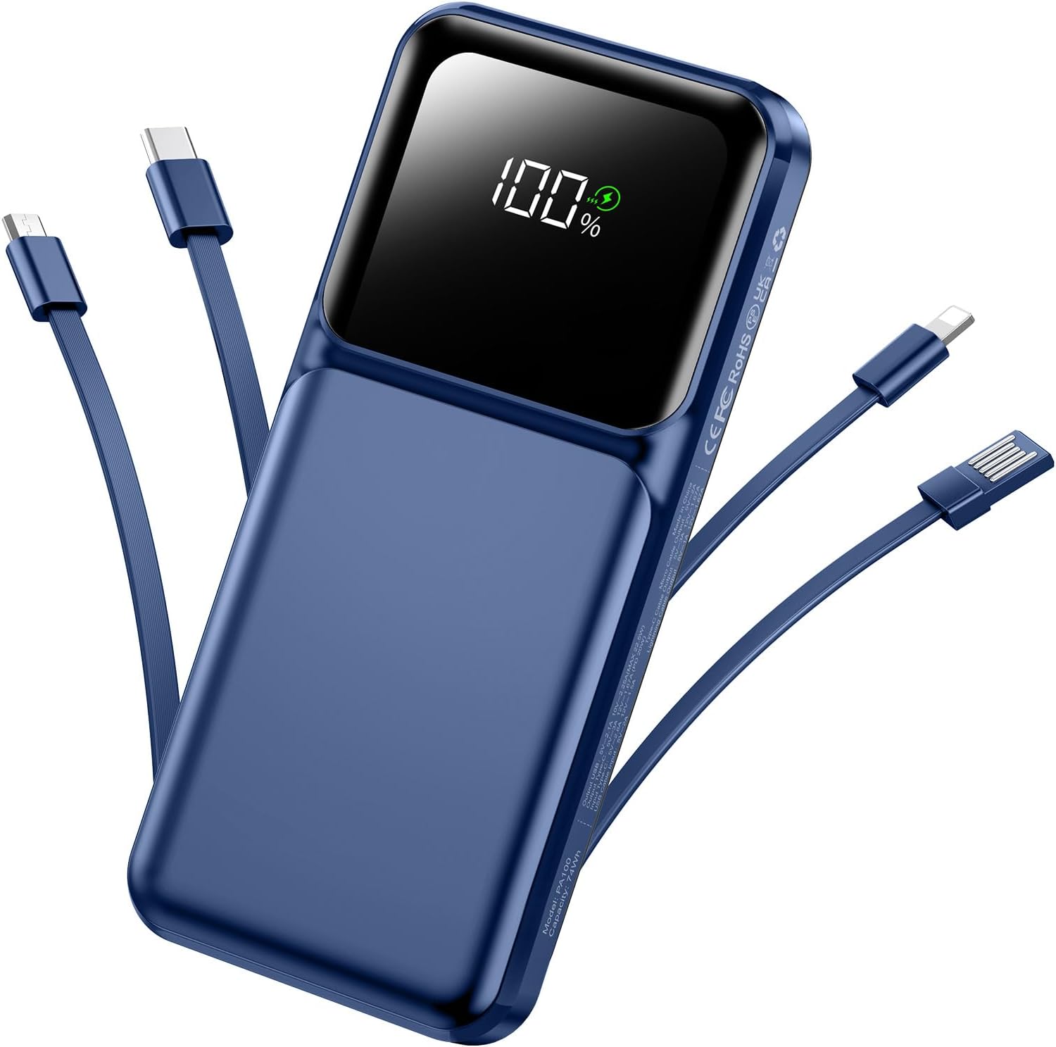 Detalle de RONEGN PA100 20,000mAh Power Bank with Built-In Cables, 22.5W USB-C