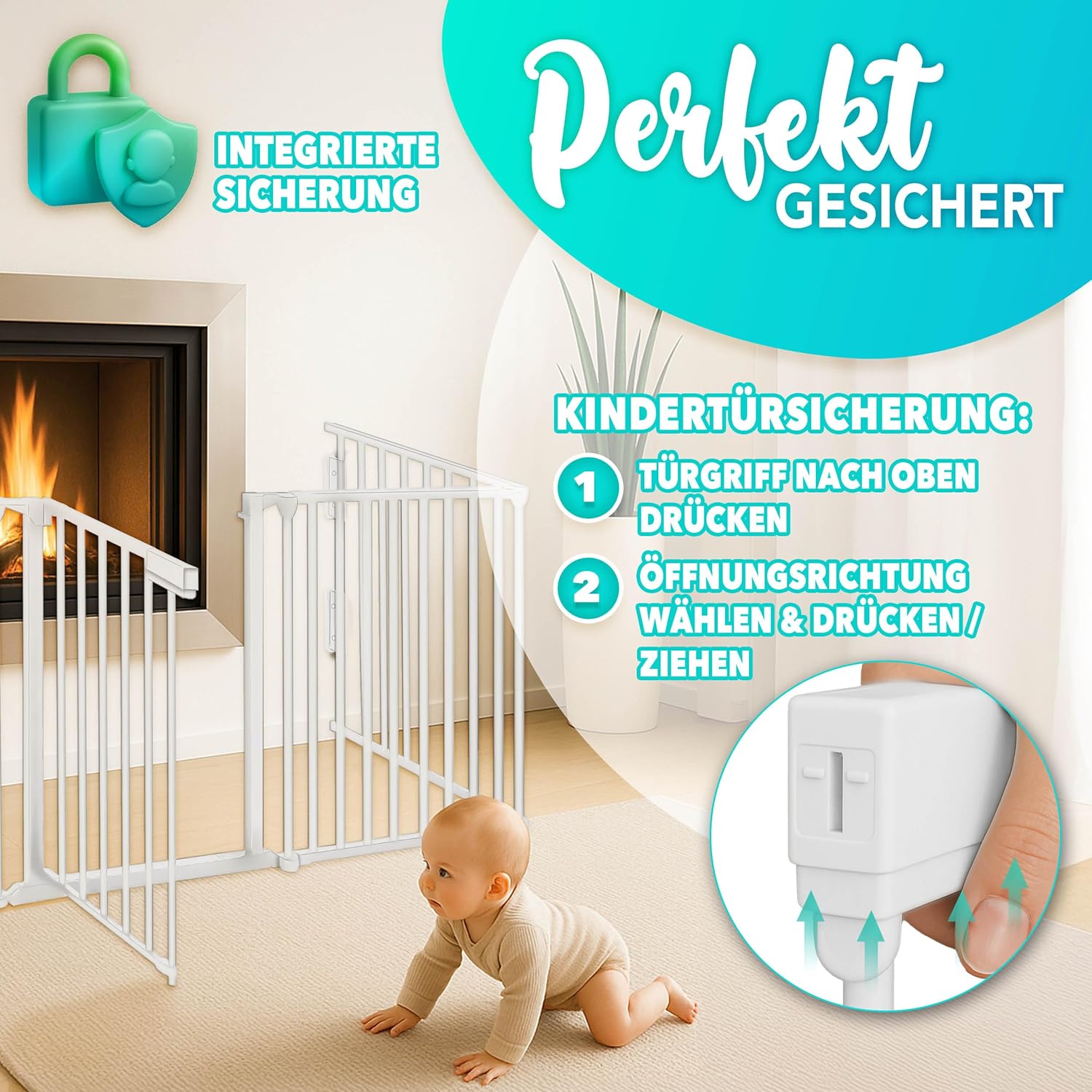 Thumbnail 2 de KIDUKU Kaminschutzgitter mit Tür Metall 180 cm – Konfigurationsgitter inkl. 3 Elementen (Weiß)