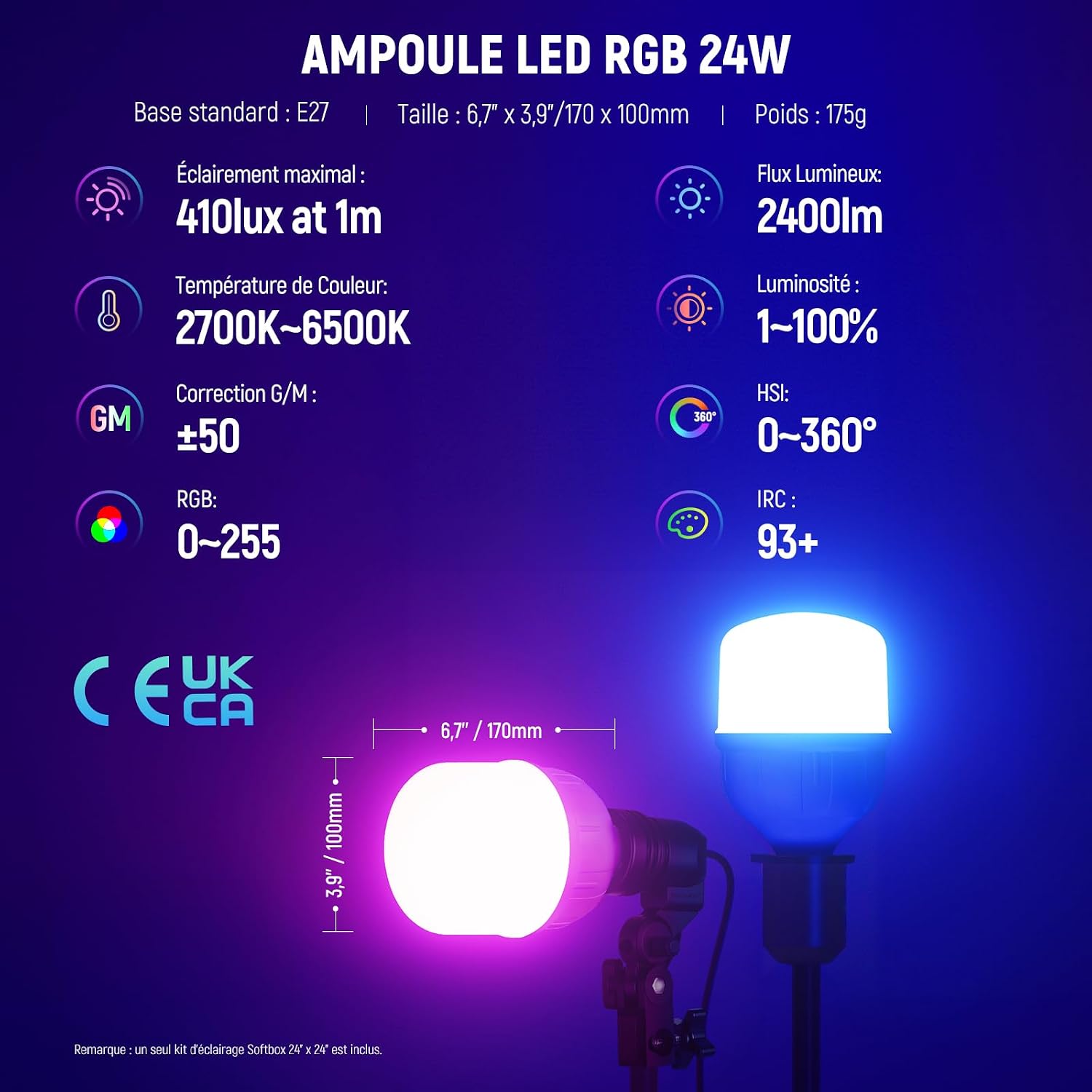 Detalle de NEEWER NK800 : kit d’éclairage softbox RGB Softbox 24" E27, contrôle par app et 9 modes d’effets