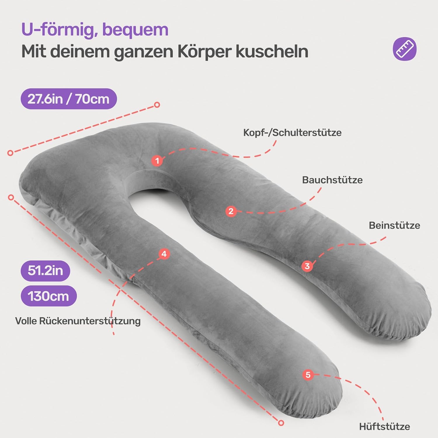 Thumbnail 1 de Nuliie Schwangerschaftskissen U-Form – Komplettunterstützendes Kissen mit waschbarem Bezug (Grau)