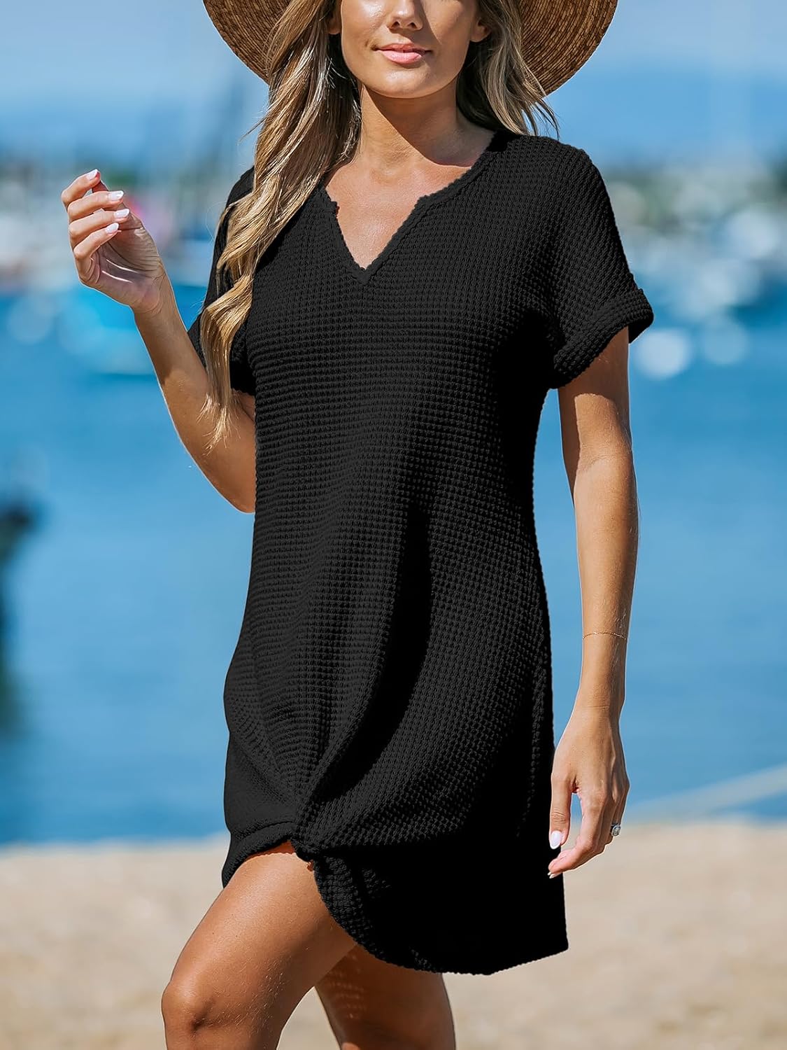 Detalle de CUPSHE Copricostume da bagno in maglia a nido d’ape con orlo twist – maniche corte, estivo e versatile