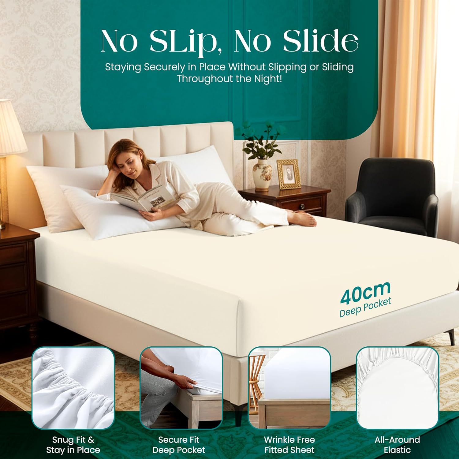 Thumbnail 2 de Linens World Egyptian Cotton fitted sheet (90 x 190cm) – 40cm deep pocket, 200 thread count, cream