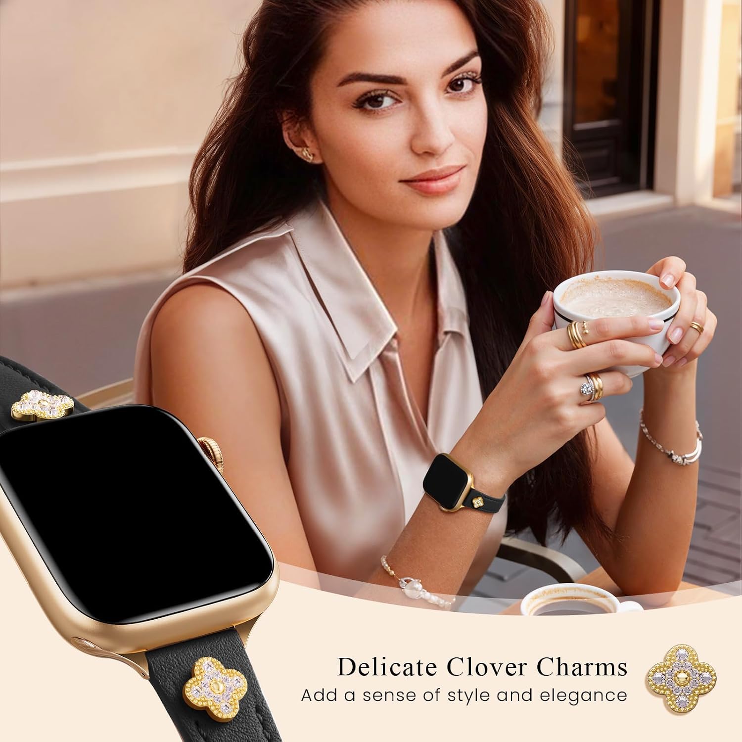Detalle 2 de STIROLL Slim Leather Apple Watch Band with Clover Charms, Black and Rose Gold