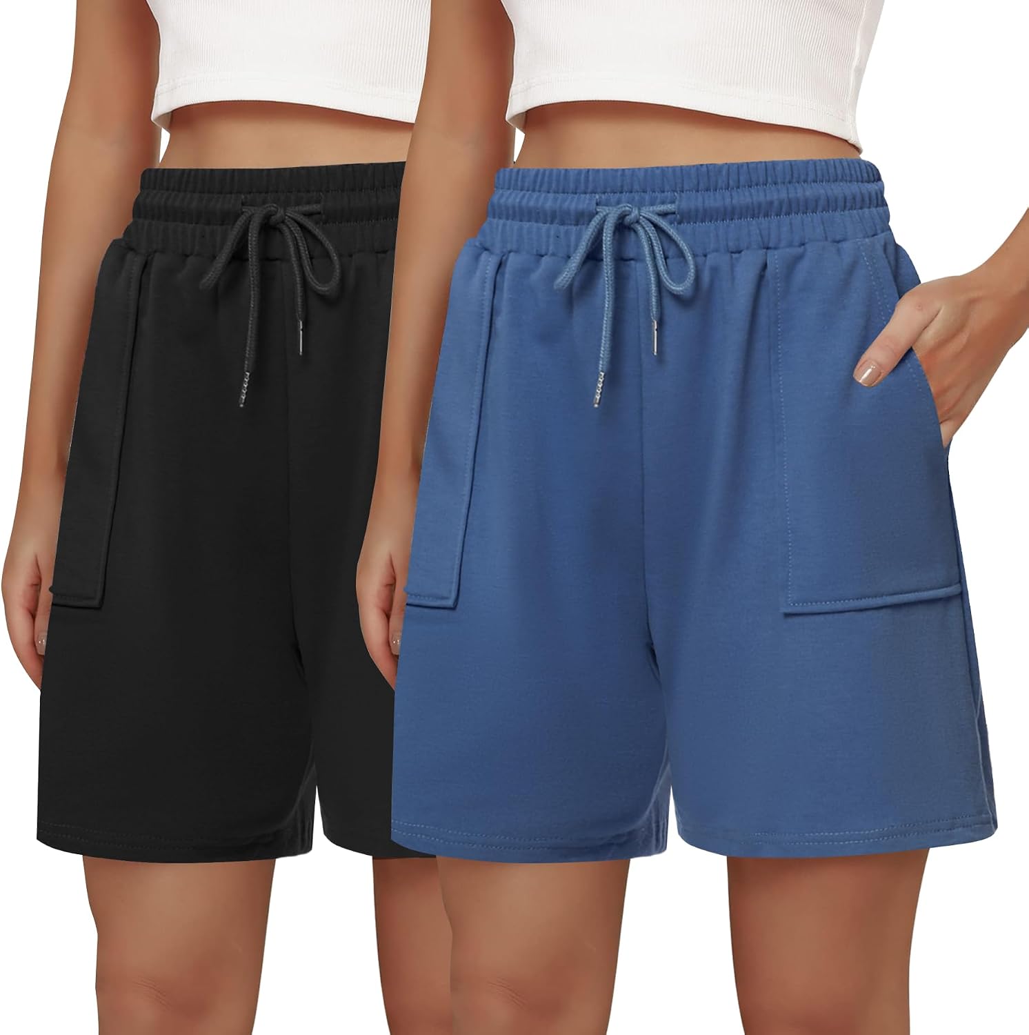 Detalle de Cowasto Women’s Cotton Sweat Shorts with Pockets and Drawstring Waist (7" Inseam)