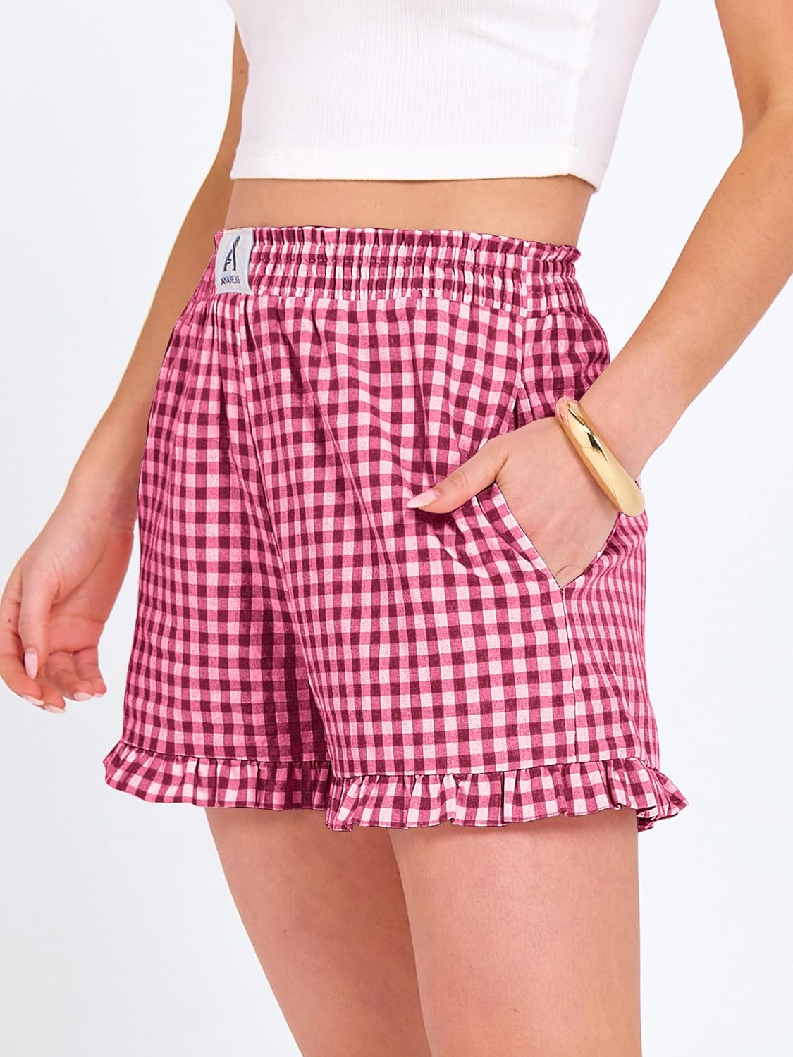 Thumbnail 2 de ANRABESS Women's Gingham Plaid Boxer Shorts with Elastic Waist and Ruffle
