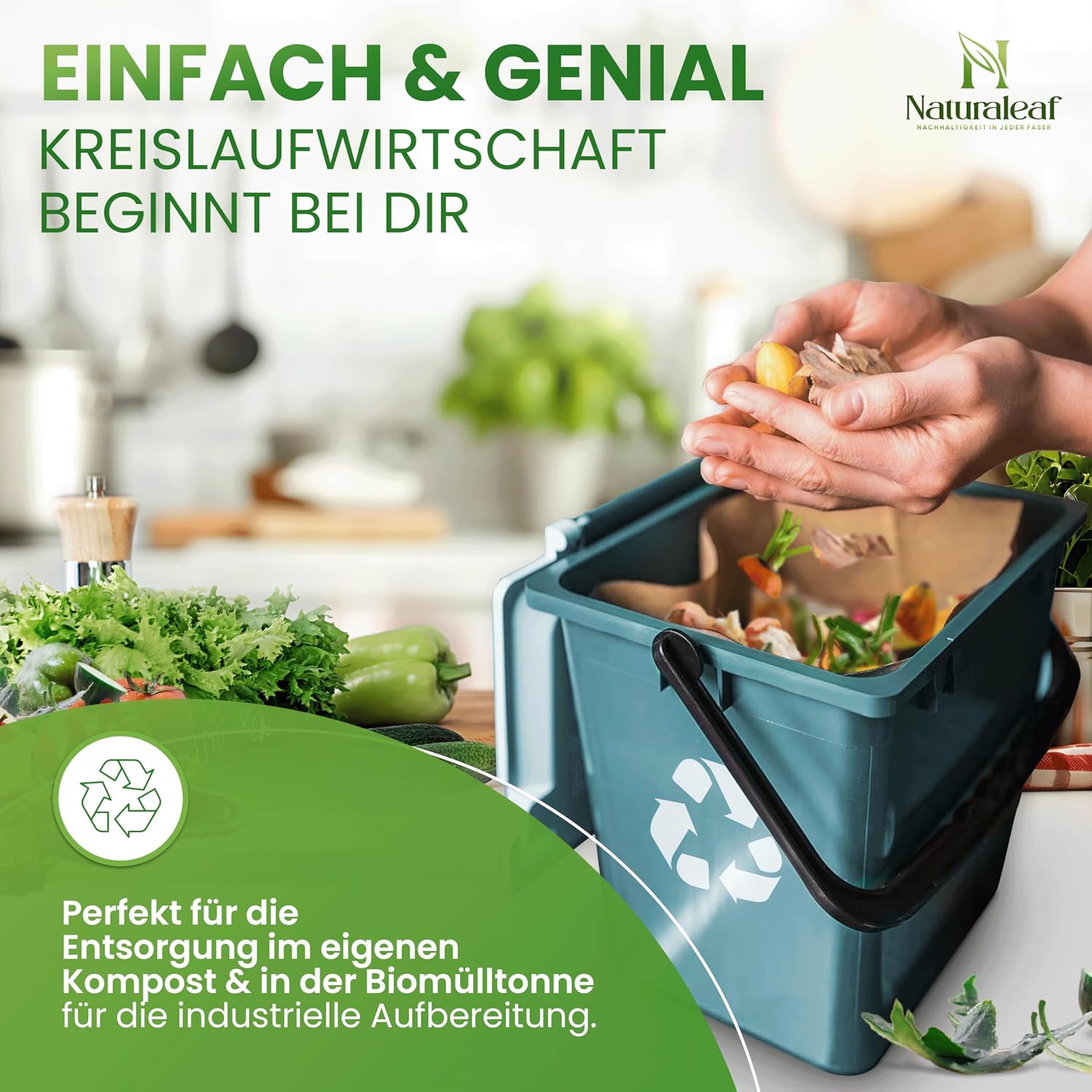 Detalle 2 de NATURALEAF Biomüllbeutel 20L – 50 Stück: Kompostierbare, plastikfreie Bio Müllbeutel für Gastronomie & Haushalt