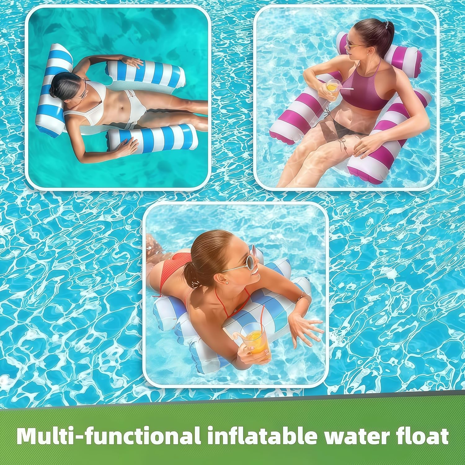 Thumbnail 2 de 3-Pack Inflatable Pool Floats (300 lb Capacity) with 4-in-1 Water Hammock – Lounge, Sit, Drift, and Exercise