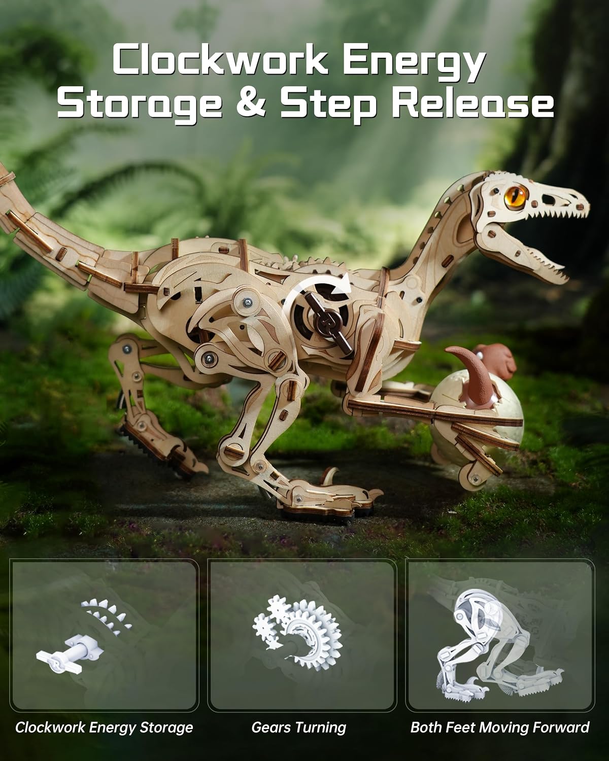 Thumbnail 1 de ROBOTIME LD01 3D Wooden Puzzle Dinosaur Kit (Velociraptor walking model) for kids & adults